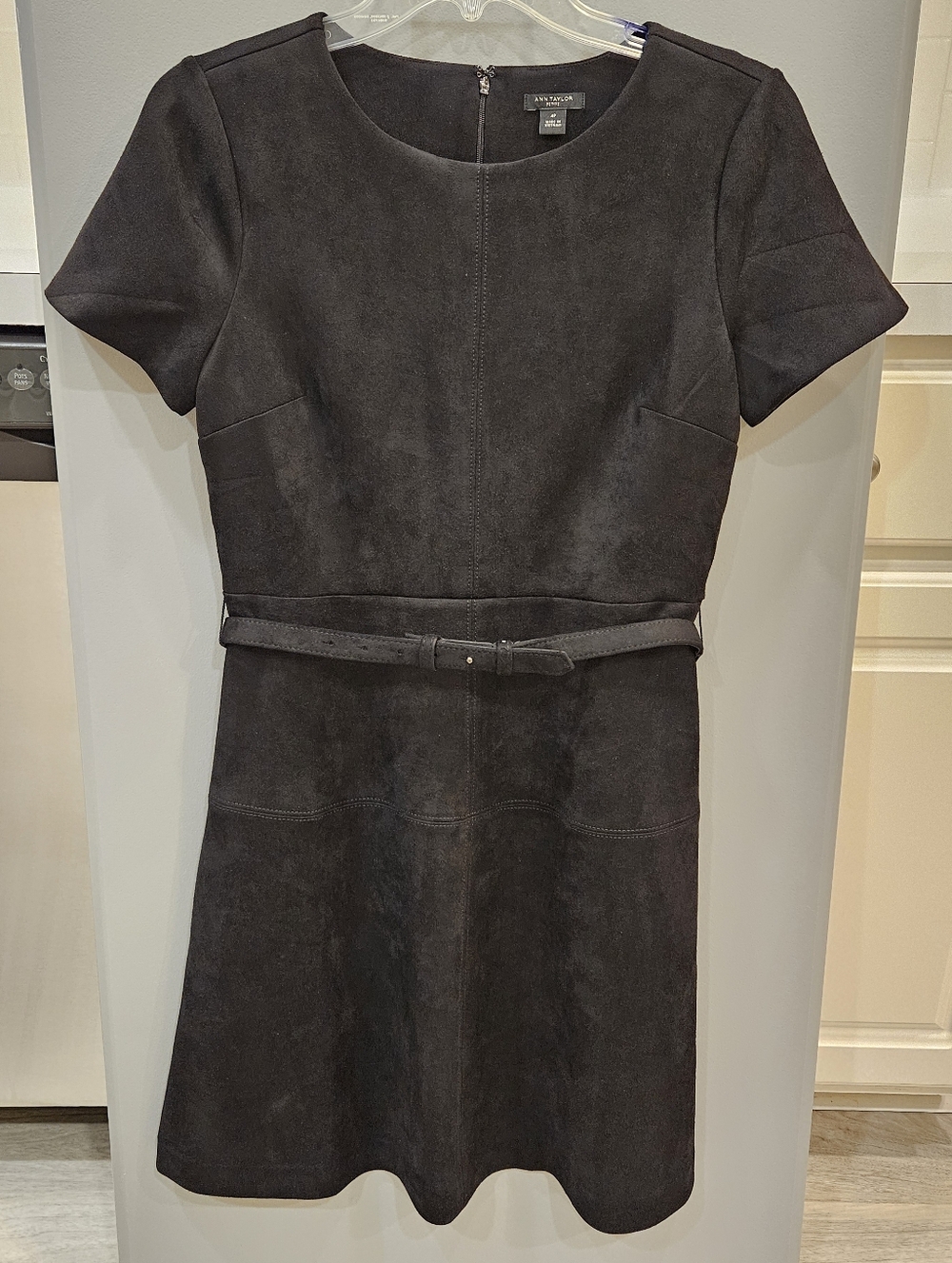 Ann Taylor Black Short Sleeve Suede Belted Sheath Dress